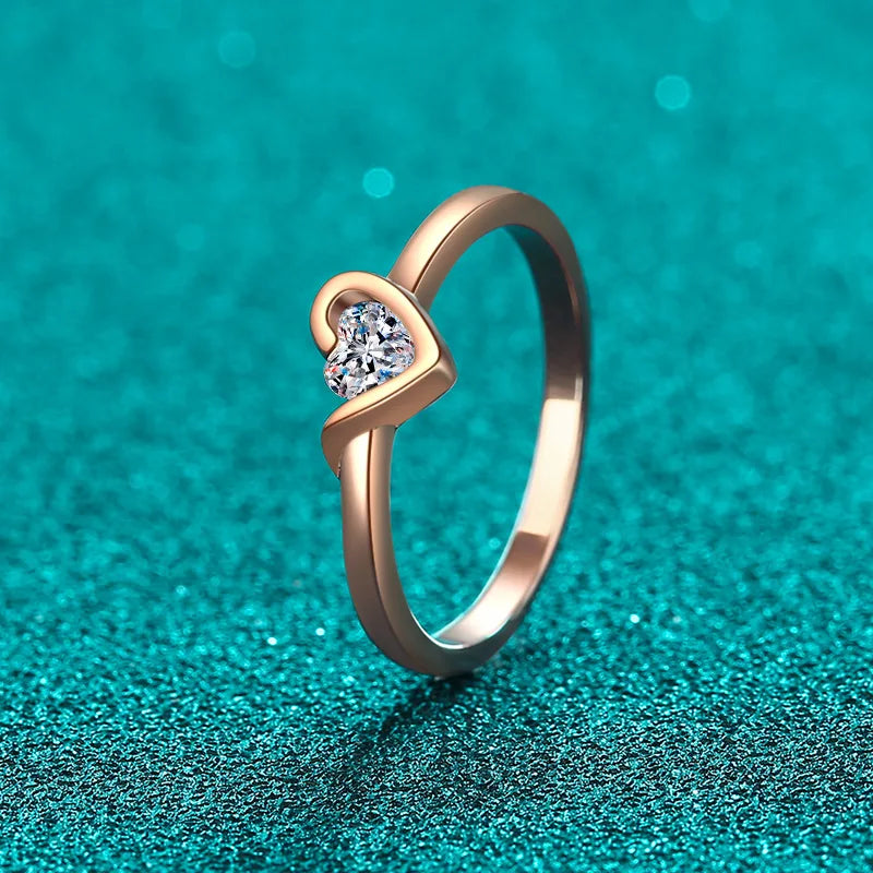 S925 champagne gold plated D color heart moissanite ring for women